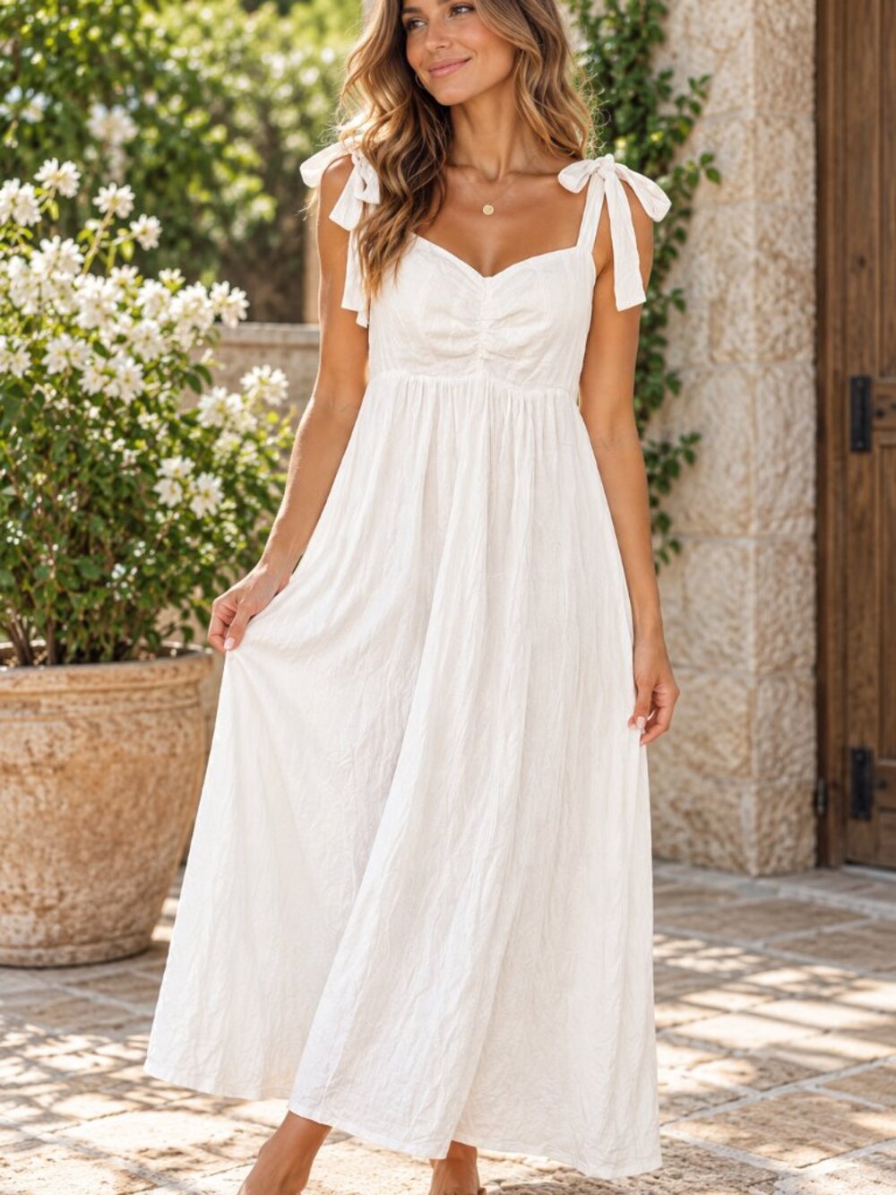 Soma WKND XL Cream Tie Shoulder Maxi Dress Ruched Bust Boho Romantic Resort